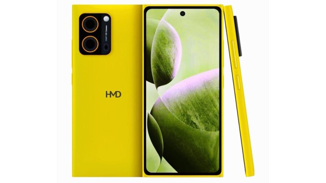 Yellow smartphone with triple camera setup.