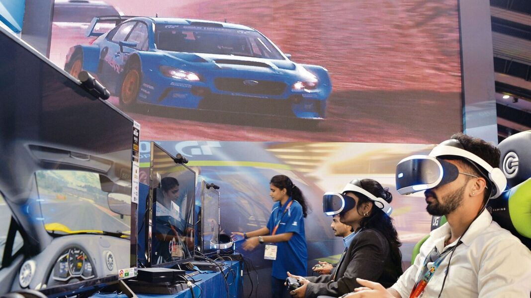 VR racing simulation at a tech event