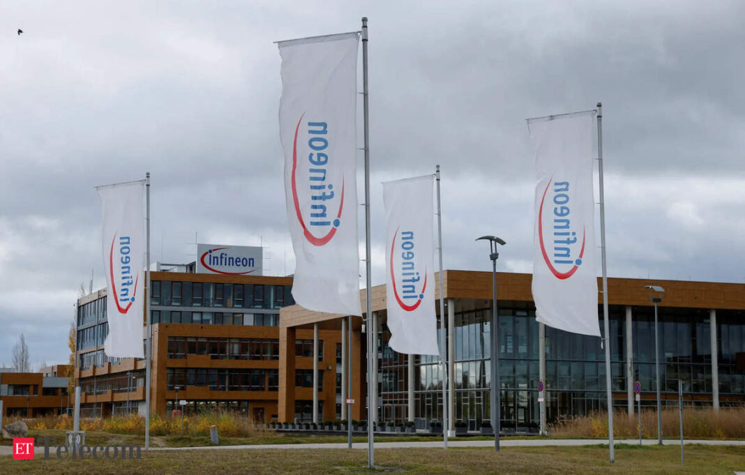 Flags outside corporate building against cloudy sky.