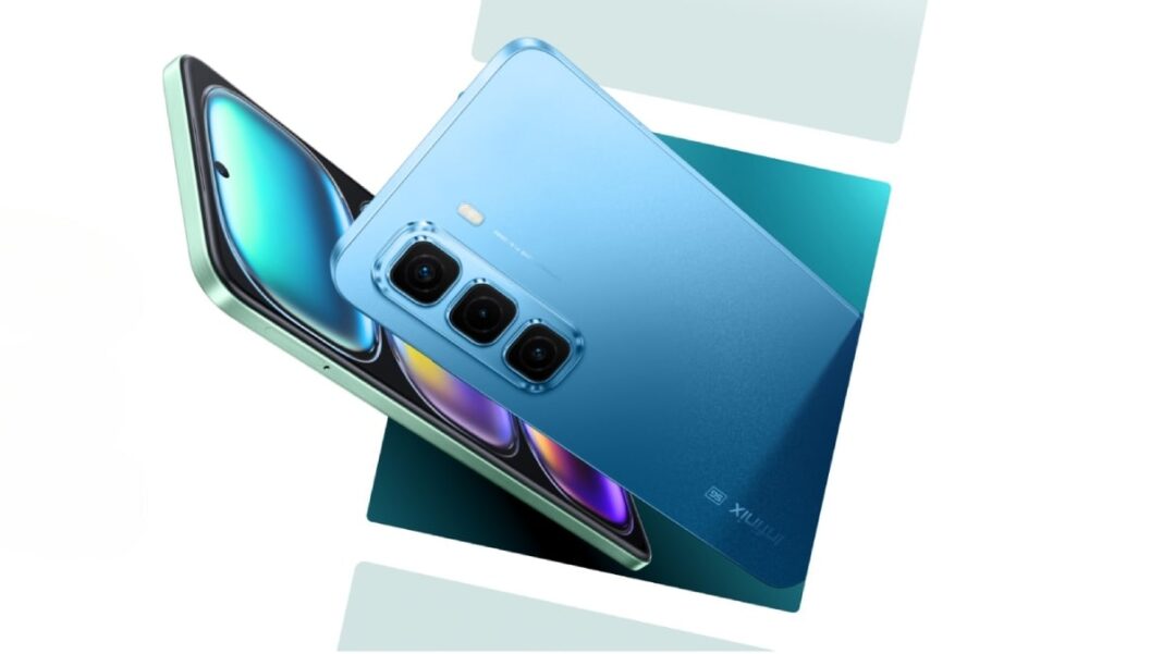 Blue smartphone with triple camera design.