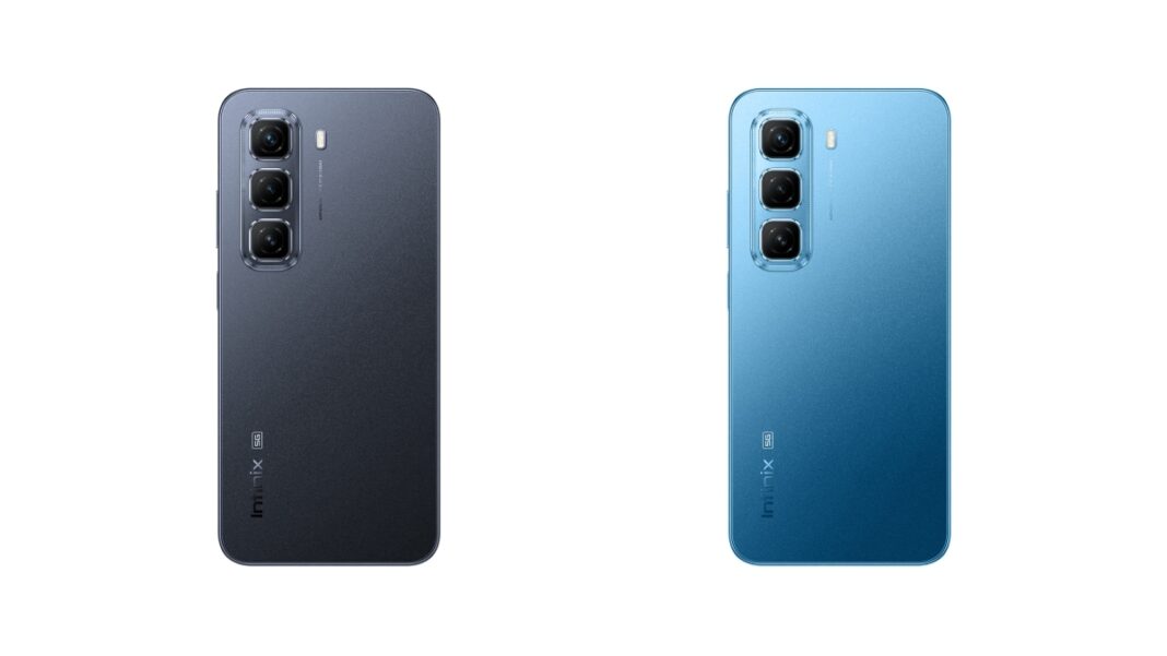 Two smartphones with triple cameras, black and blue.