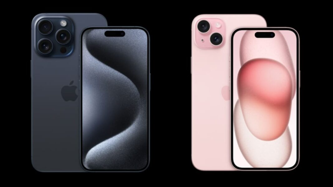 Two new smartphones, black and pink, with triple cameras.