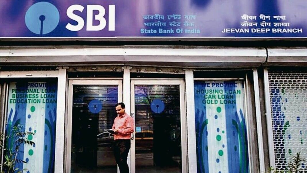 Man exiting State Bank of India branch.