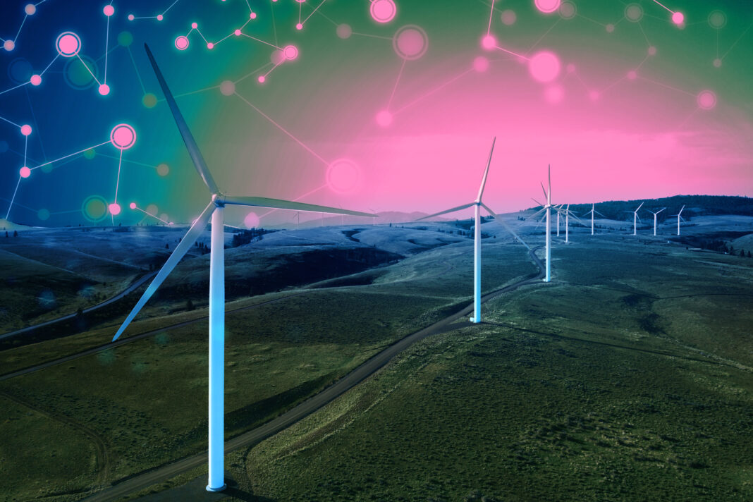 Wind turbines in a digital network overlay.