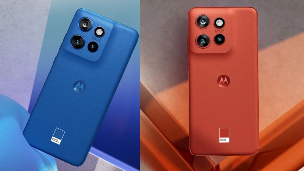 Blue and red Motorola smartphones with triple cameras.