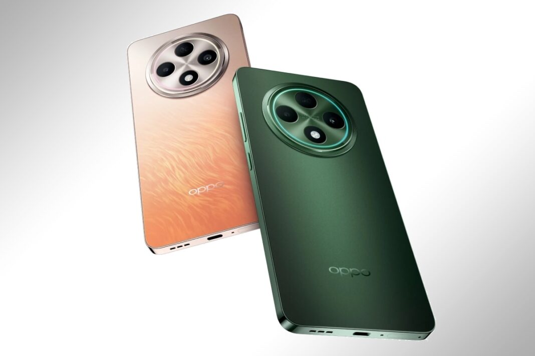 Two new Oppo smartphones, green and peach, rear view.