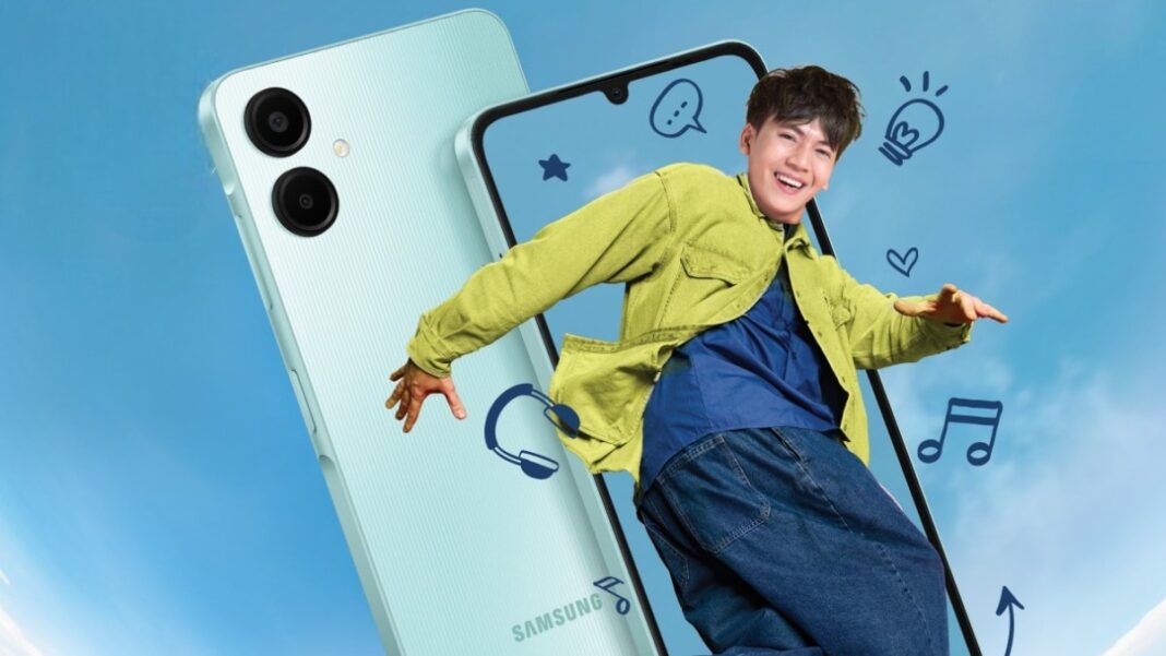 Man posing with Samsung smartphone, musical doodles in background.