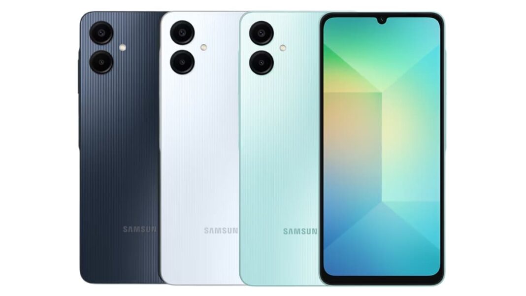 Samsung smartphones in black, white, and blue colors.