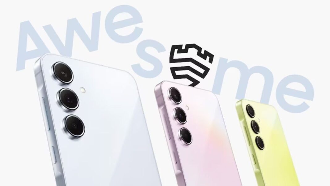 Three smartphones with dual cameras, pastel colors, "Awesome" text.