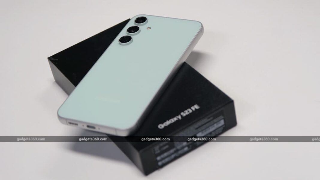 Smartphone with box on white surface.