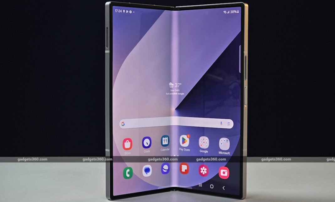 Foldable smartphone on display.