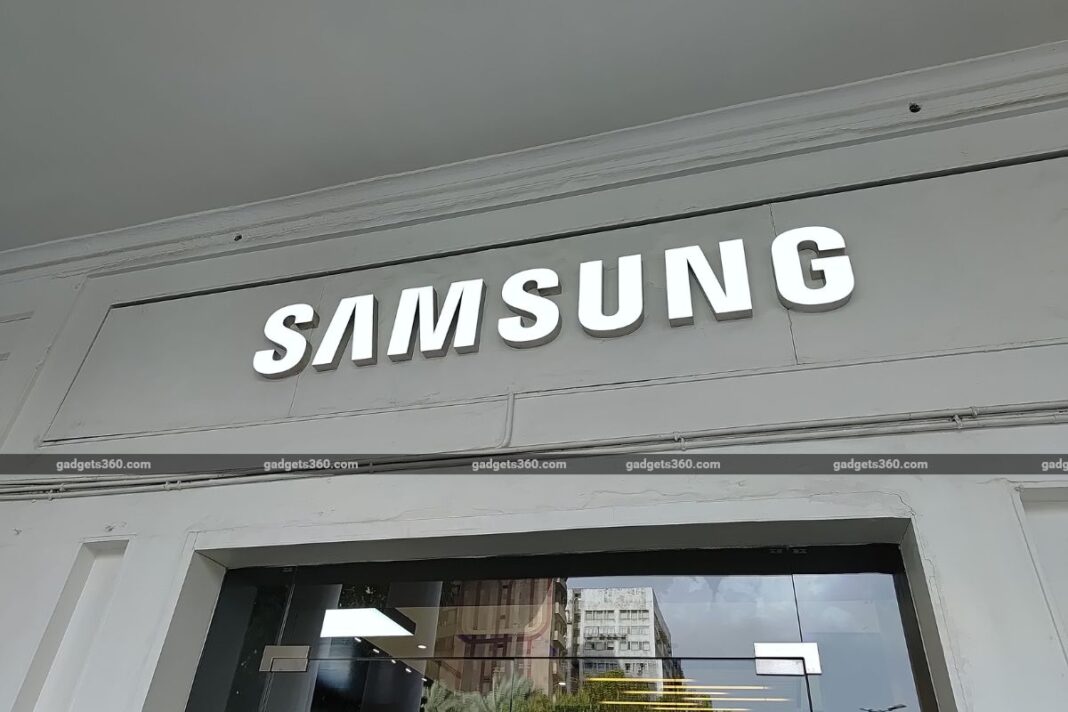 Samsung store sign on building façade.