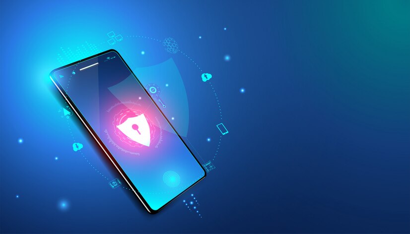 Smartphone with cybersecurity technology concept on blue background.