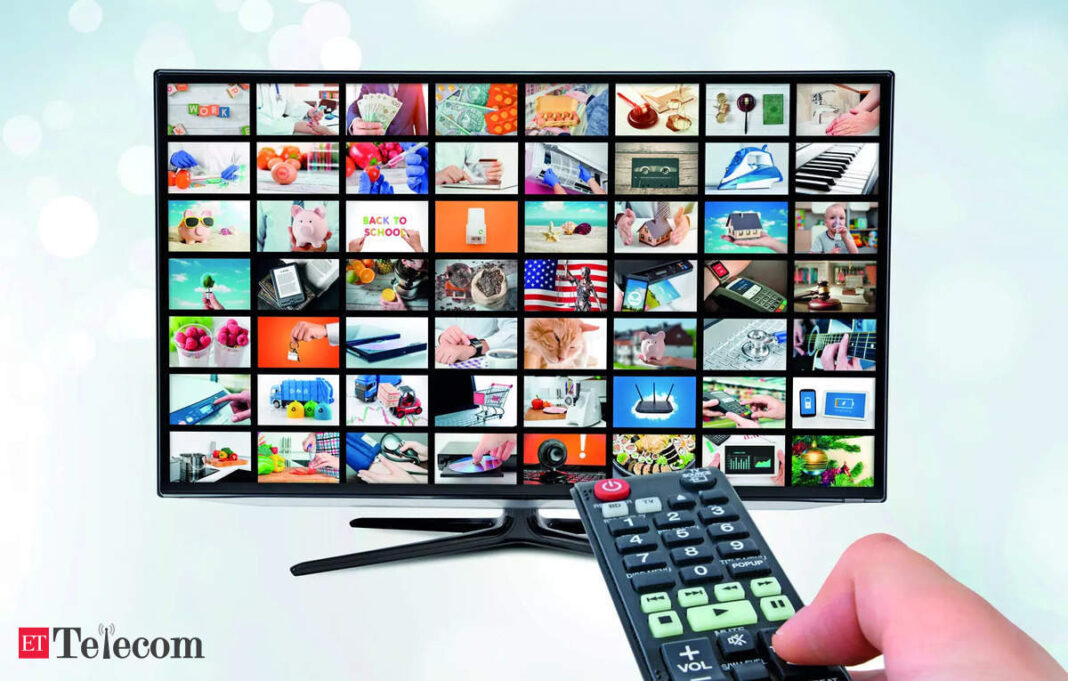 TV screen displaying various colorful multimedia content icons.