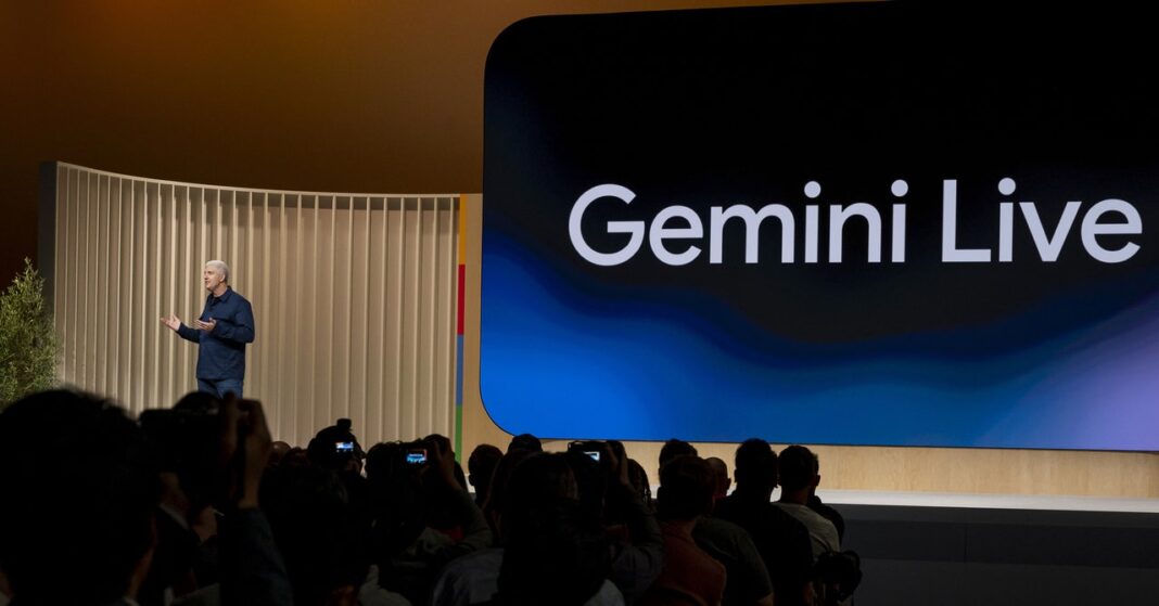 Presenter at tech event unveiling 'Gemini Live'.