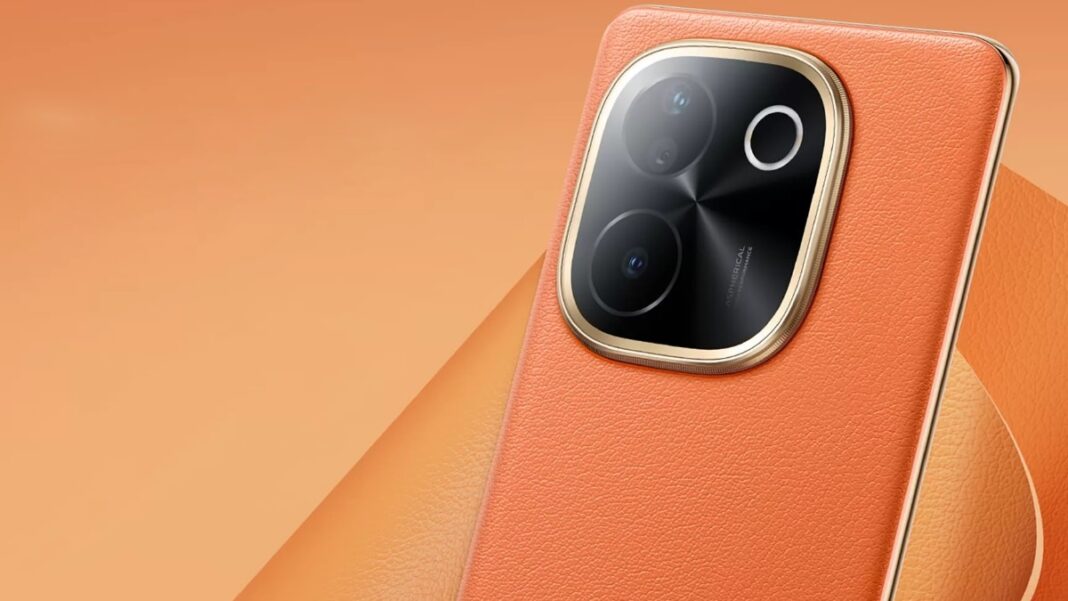 Orange leather smartphone case with triple-camera setup.