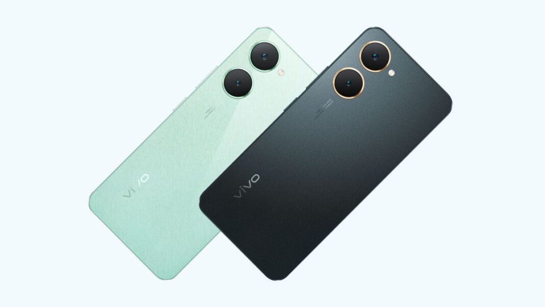 Two Vivo smartphones, mint green and black, rear view.