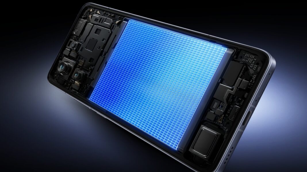 Smartphone internal components and blue digital screen display.