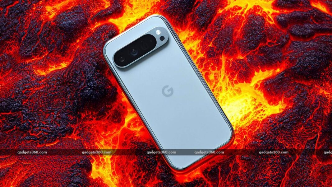 Smartphone on molten lava background.