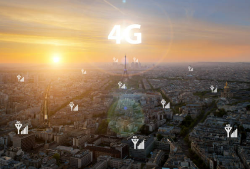 Sunset over cityscape with 4G network icons.