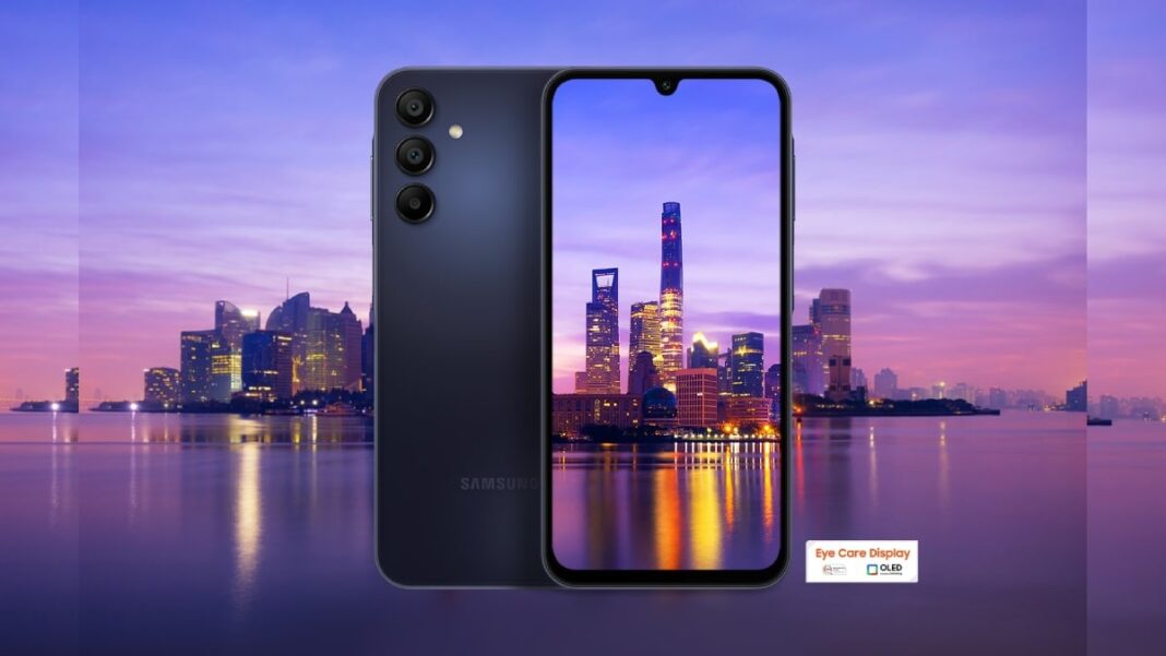 Samsung smartphone displaying city skyline at twilight