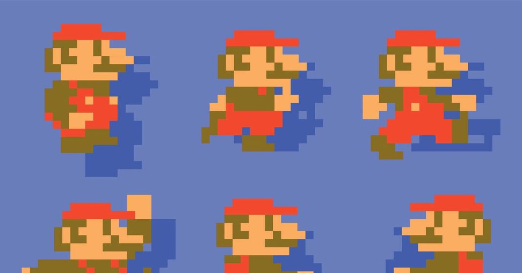 Pixelated vintage video game character sprites.