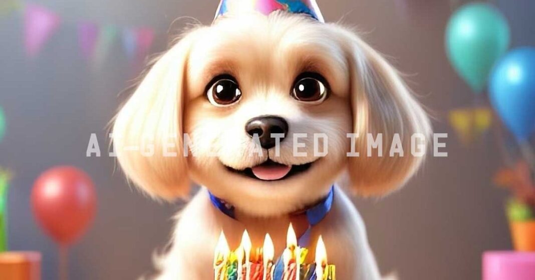 Cartoon dog with birthday hat and candles.