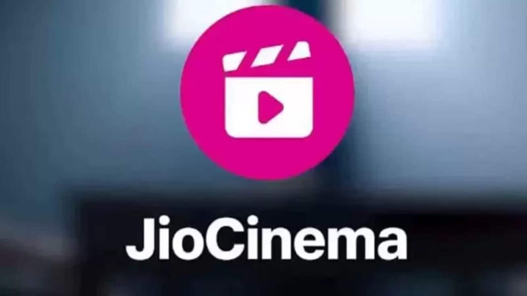 JioCinema logo with pink clapperboard icon on blue background.