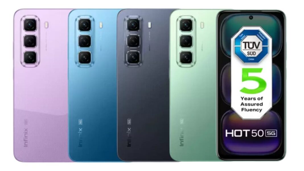 Infinix Hot 50 5G smartphones in assorted colors.