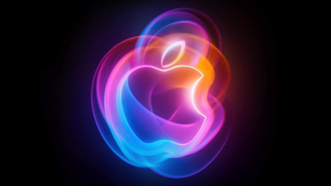 Colorful abstract neon apple silhouette on black background.