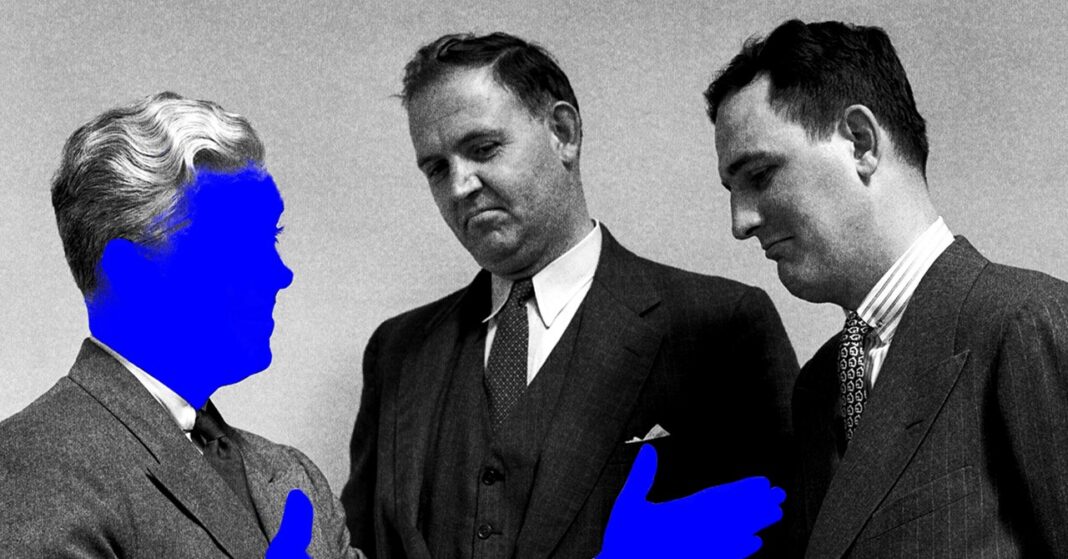 Three men in suits, two with obscured blue silhouettes.