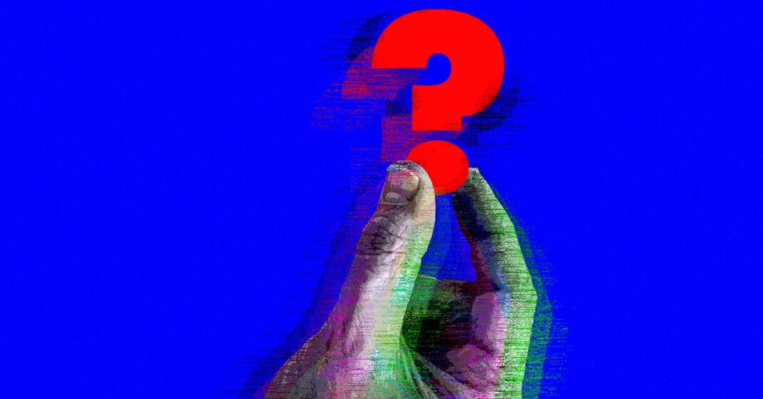 Red question mark held by fingers on blue background.