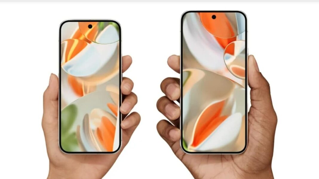 Two smartphones with abstract wallpaper held in hands.