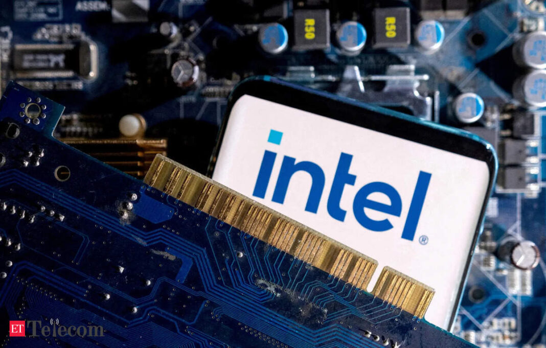 Intel logo on computer motherboard.