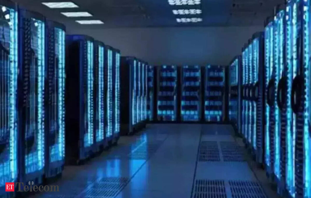 Modern data center with illuminated server racks